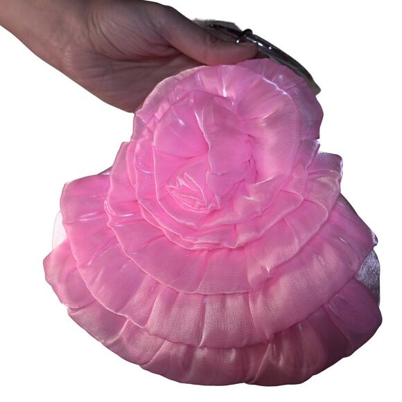 NWT Satin Rose Mini Evening Clutch Purse w/ Kiss Lock Handle Chain Barbie Pink - Picture 1 of 7